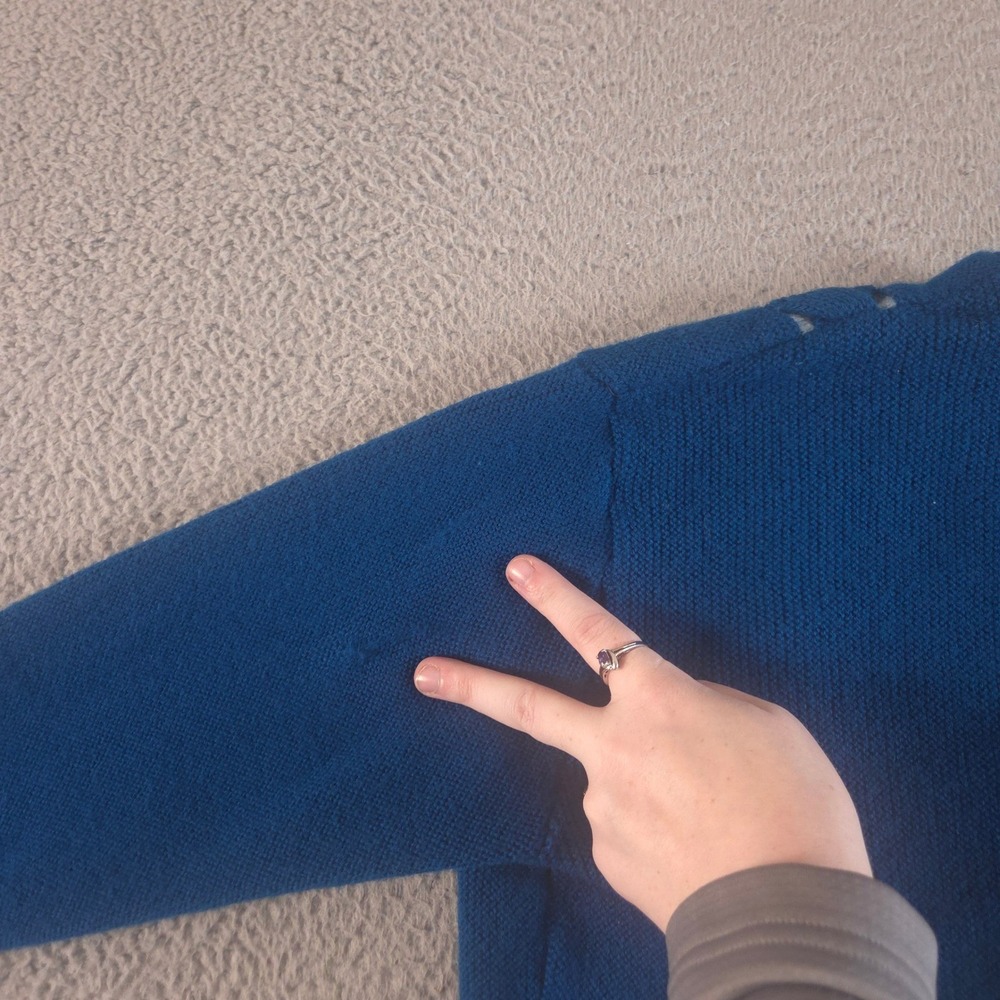 VINTAGE Silverwoods Sweater Mens M Teal Open Knit Cable Cardigan Wool 60s 70s - Picture 8 of 13